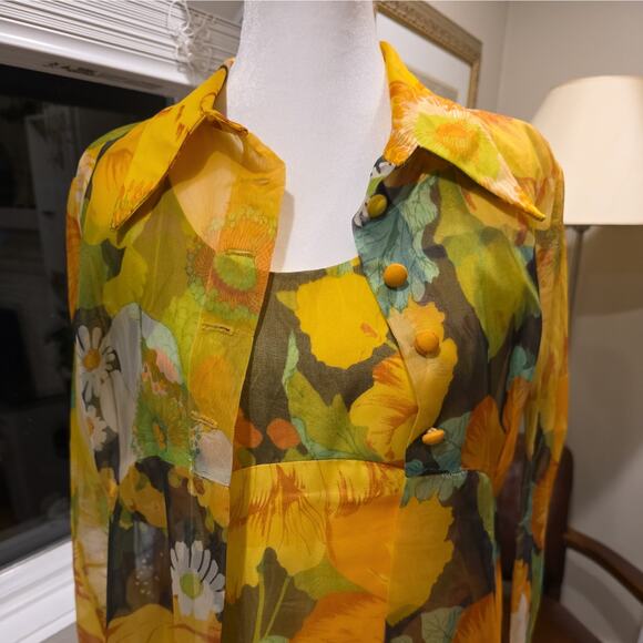 70s VTG Yellow Floral Maxi Dress + Sheer Coat Set Boho Cottagecore Festival Gown - Picture 2 of 15